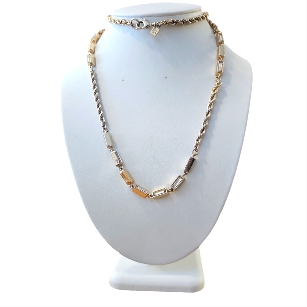 Banana Republic Necklace Gold Tone Rope Twist Chain Station CZ Beads